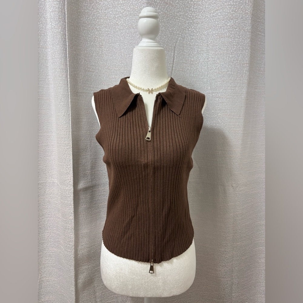 Y2k Women’s Jon & Anna Brown Ribbed Sleeveless Zip-Front Top Size Small, 90s - Picture 2 of 8